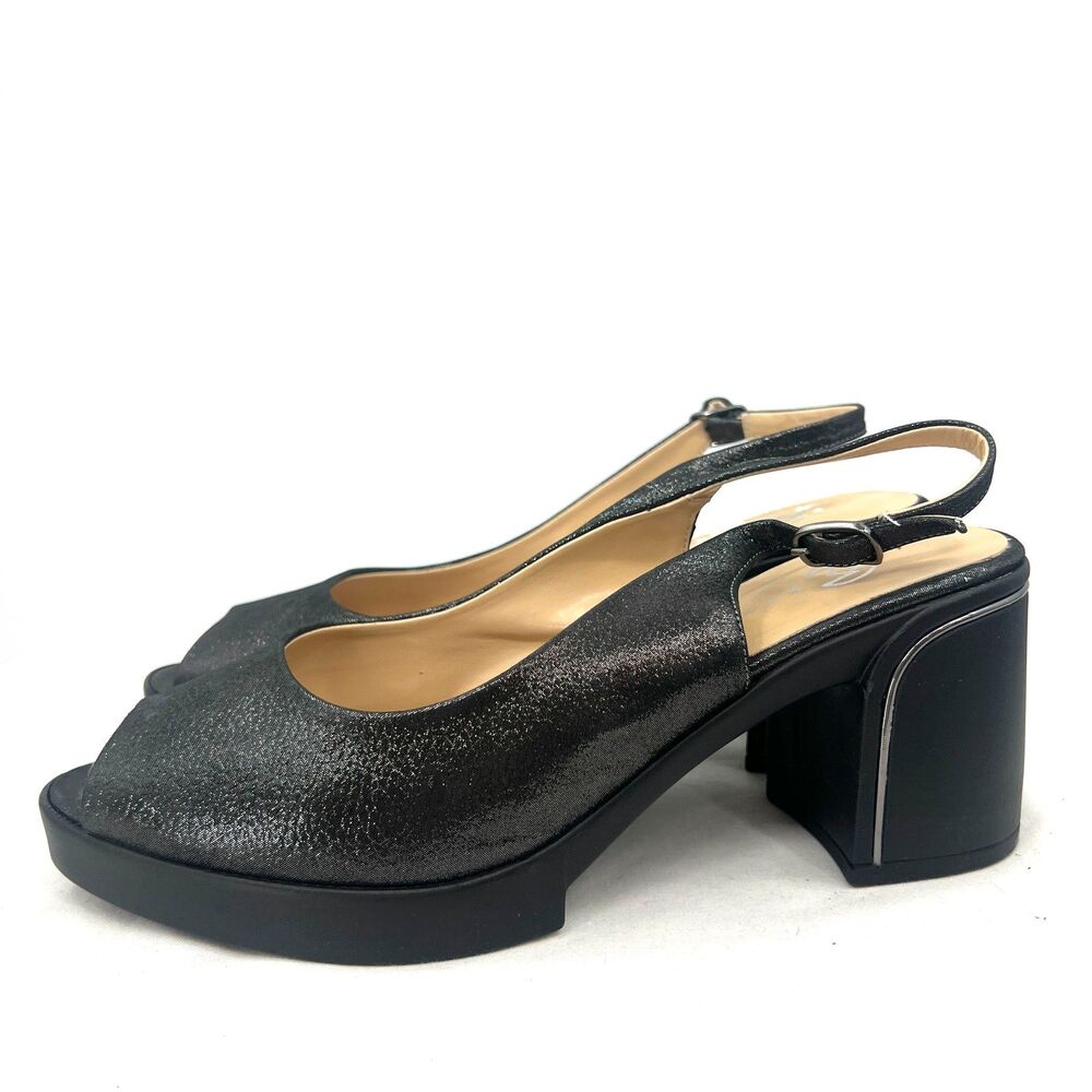 Mario Muzi Black Metallic Peep Toe Slingback Block Heel Platform Sandals EU 39